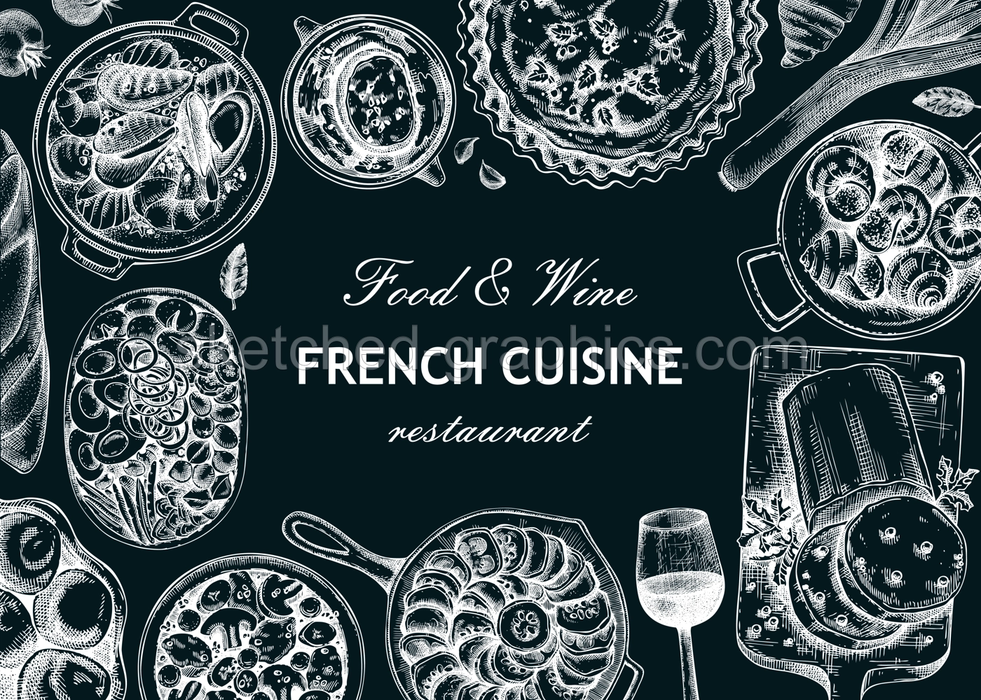 French food frame design on chalkboard. Vintage food and wine sketches. Restaurant menu template. France background. Hand-drawn vector illustration, NOT AI generated Illustration